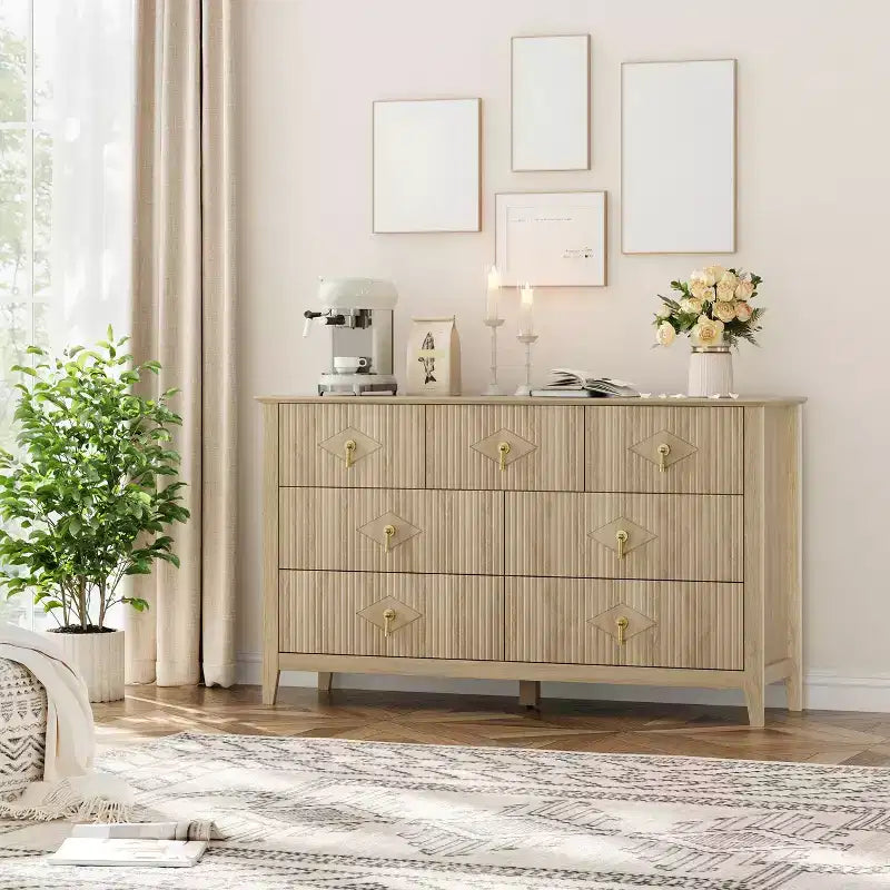 7 Drawer Dresser for Bedroom, 54W Wooden Chest of Drawers with Metal Handles, Fluted Clothes Storage Organizer, Dresser TV Stand for Hallway