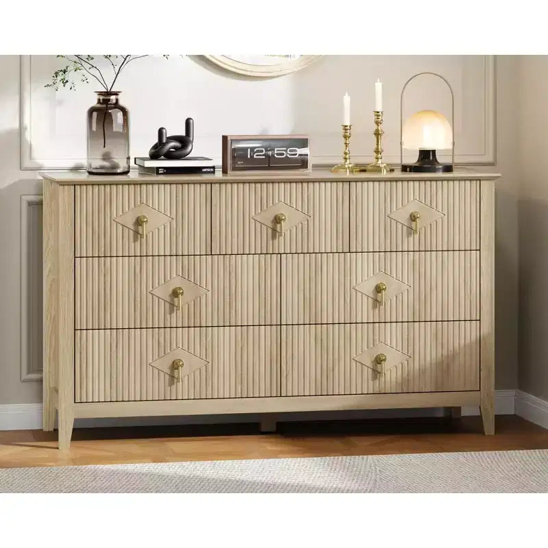 7 Drawer Dresser for Bedroom, 54W Wooden Chest of Drawers with Metal Handles, Fluted Clothes Storage Organizer, Dresser TV Stand for Hallway