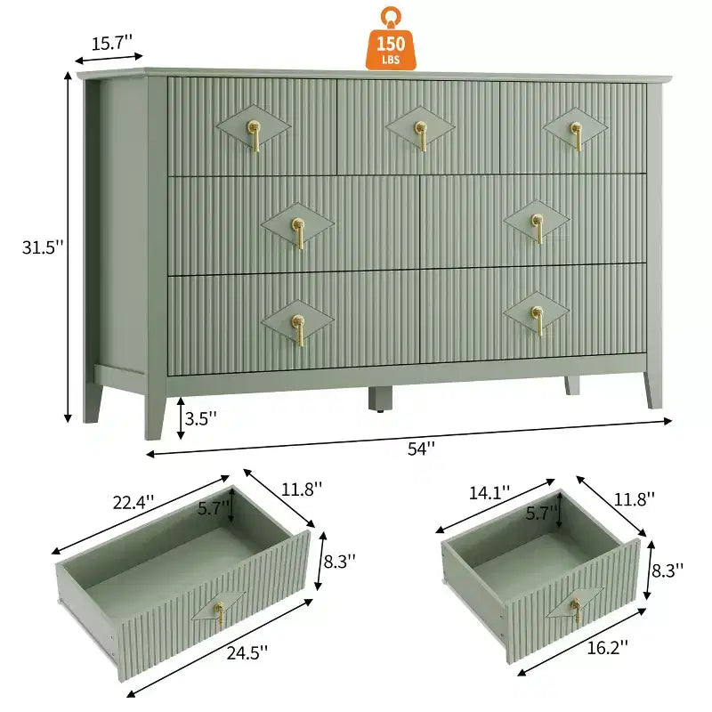 7 Drawer Dresser for Bedroom, 54W Wooden Chest of Drawers with Metal Handles, Fluted Clothes Storage Organizer, Dresser TV Stand for Hallway