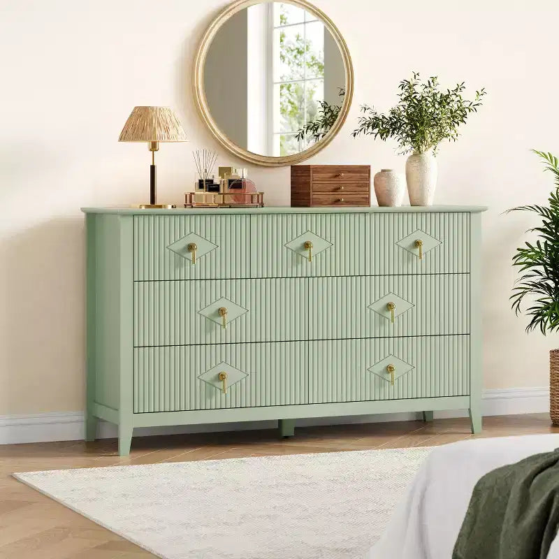 7 Drawer Dresser for Bedroom, 54W Wooden Chest of Drawers with Metal Handles, Fluted Clothes Storage Organizer, Dresser TV Stand for Hallway