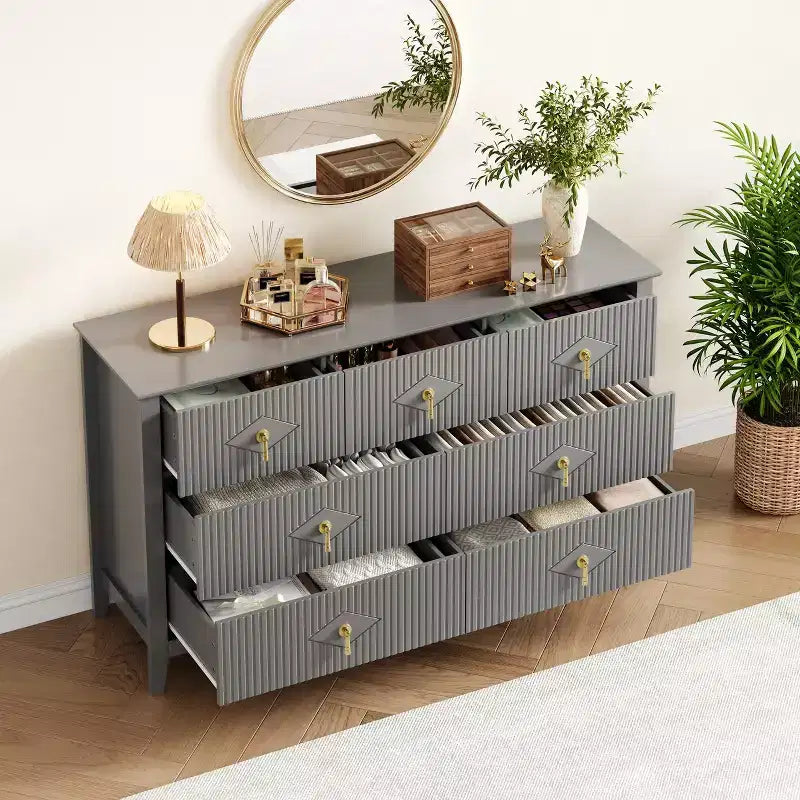 7 Drawer Dresser for Bedroom, 54W Wooden Chest of Drawers with Metal Handles, Fluted Clothes Storage Organizer, Dresser TV Stand for Hallway