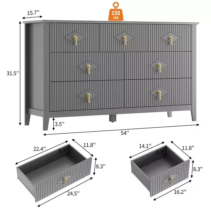 7 Drawer Dresser for Bedroom, 54W Wooden Chest of Drawers with Metal Handles, Fluted Clothes Storage Organizer, Dresser TV Stand for Hallway