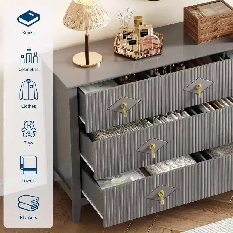 7 Drawer Dresser for Bedroom, 54W Wooden Chest of Drawers with Metal Handles, Fluted Clothes Storage Organizer, Dresser TV Stand for Hallway