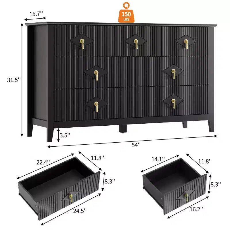 7 Drawer Dresser for Bedroom, 54W Wooden Chest of Drawers with Metal Handles, Fluted Clothes Storage Organizer, Dresser TV Stand for Hallway