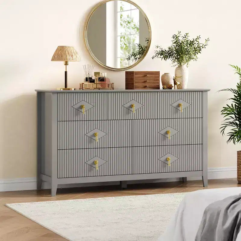 7 Drawer Dresser for Bedroom, 54W Wooden Chest of Drawers with Metal Handles, Fluted Clothes Storage Organizer, Dresser TV Stand for Hallway