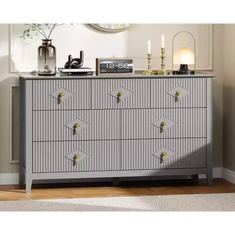 7 Drawer Dresser for Bedroom, 54W Wooden Chest of Drawers with Metal Handles, Fluted Clothes Storage Organizer, Dresser TV Stand for Hallway