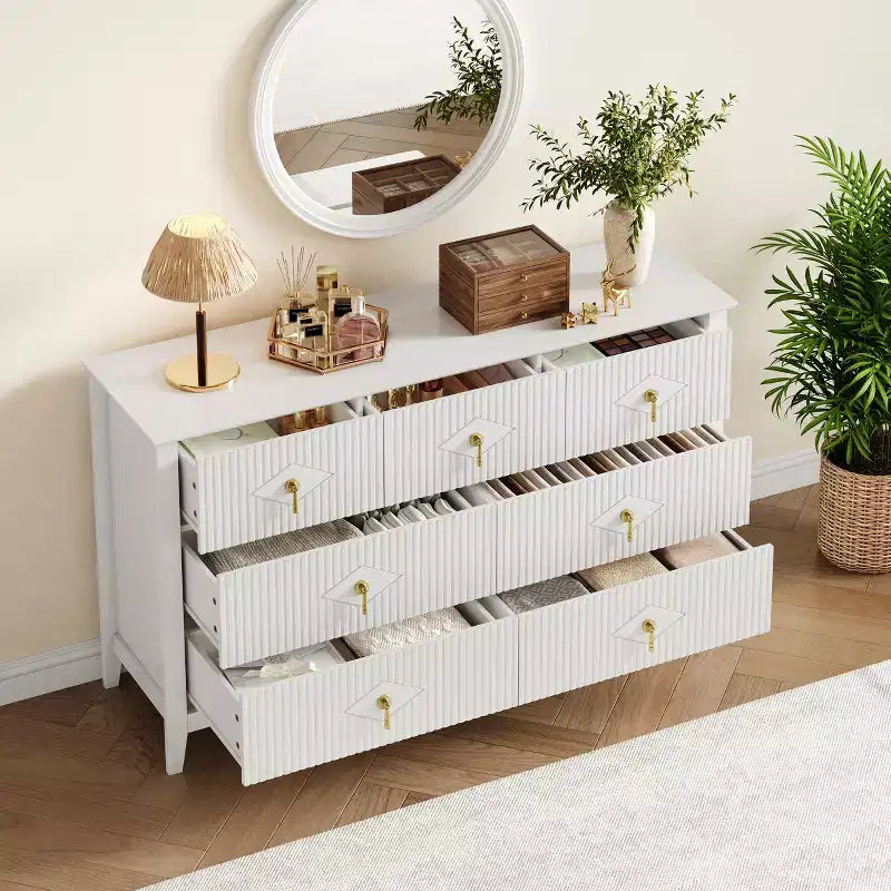 7 Drawer Dresser for Bedroom, 54W Wooden Chest of Drawers with Metal Handles, Fluted Clothes Storage Organizer, Dresser TV Stand for Hallway