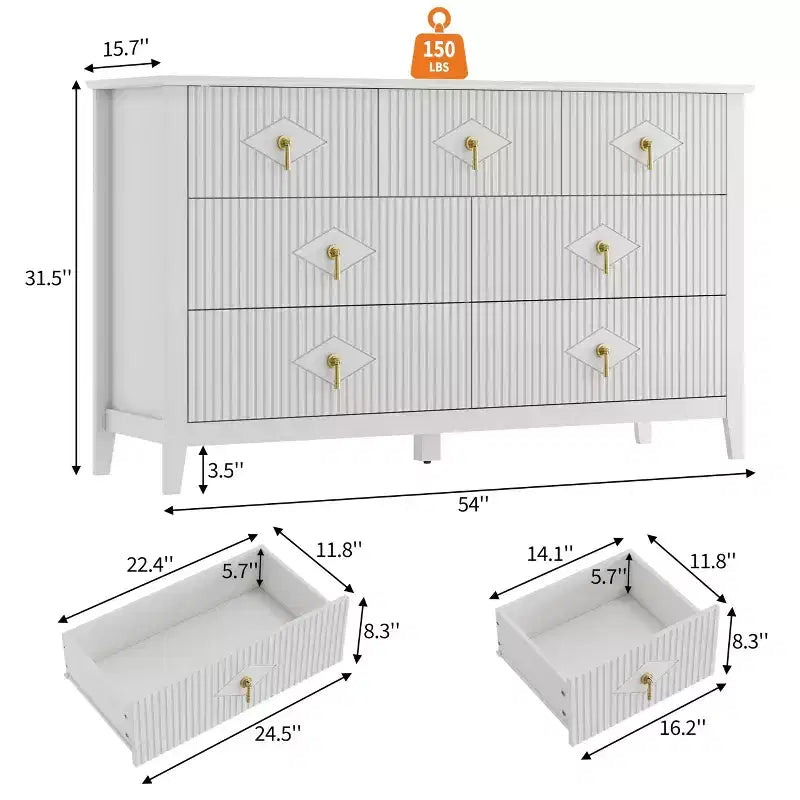 7 Drawer Dresser for Bedroom, 54W Wooden Chest of Drawers with Metal Handles, Fluted Clothes Storage Organizer, Dresser TV Stand for Hallway