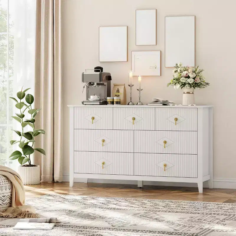 7 Drawer Dresser for Bedroom, 54W Wooden Chest of Drawers with Metal Handles, Fluted Clothes Storage Organizer, Dresser TV Stand for Hallway