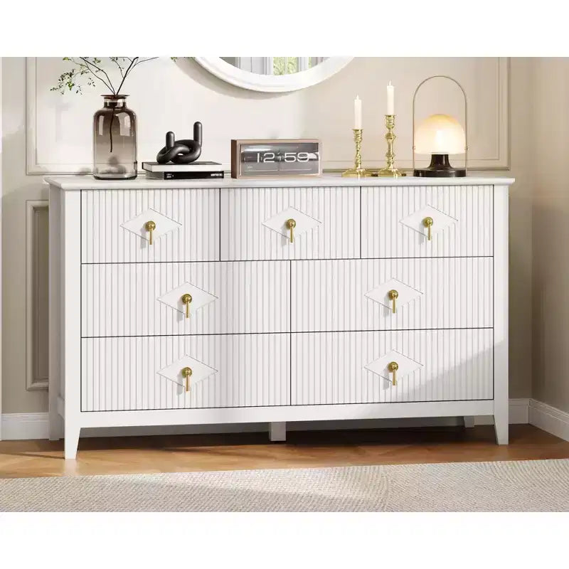 7 Drawer Dresser for Bedroom, 54W Wooden Chest of Drawers with Metal Handles, Fluted Clothes Storage Organizer, Dresser TV Stand for Hallway