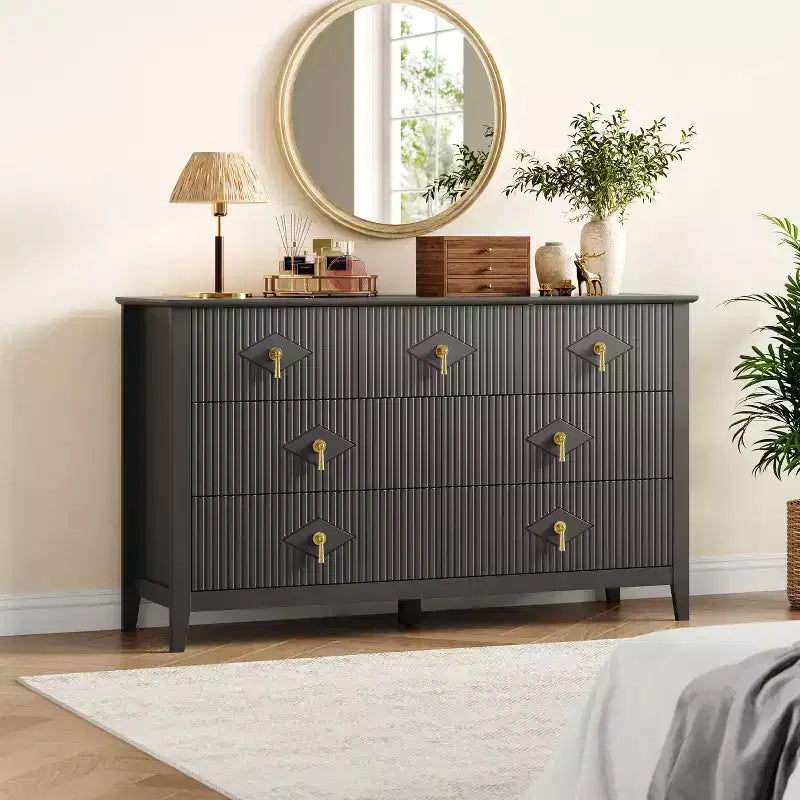 7 Drawer Dresser for Bedroom, 54W Wooden Chest of Drawers with Metal Handles, Fluted Clothes Storage Organizer, Dresser TV Stand for Hallway
