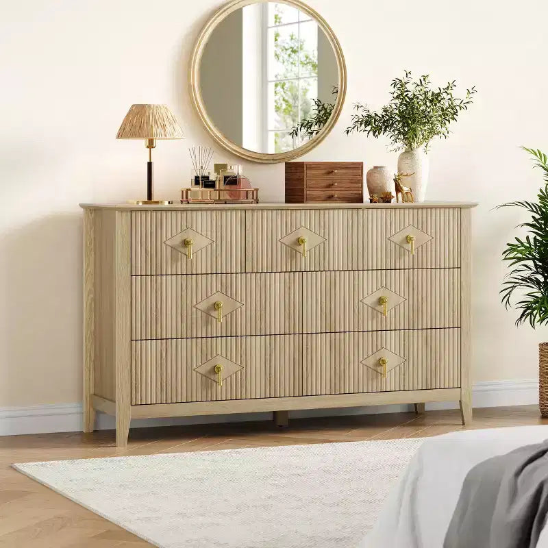 7 Drawer Dresser for Bedroom, 54W Wooden Chest of Drawers with Metal Handles, Fluted Clothes Storage Organizer, Dresser TV Stand for Hallway