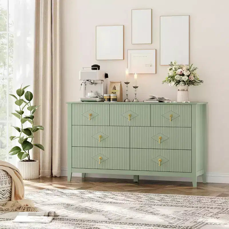 7 Drawer Dresser for Bedroom, 54W Wooden Chest of Drawers with Metal Handles, Fluted Clothes Storage Organizer, Dresser TV Stand for Hallway