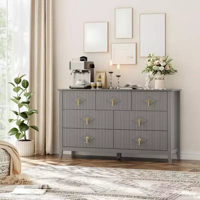 7 Drawer Dresser for Bedroom, 54W Wooden Chest of Drawers with Metal Handles, Fluted Clothes Storage Organizer, Dresser TV Stand for Hallway