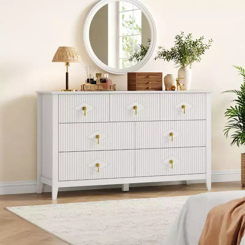 7 Drawer Dresser for Bedroom, 54W Wooden Chest of Drawers with Metal Handles, Fluted Clothes Storage Organizer, Dresser TV Stand for Hallway