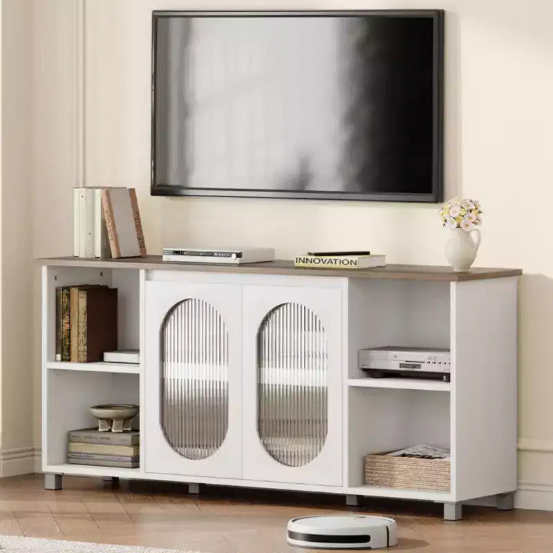 Modern TV Stand for 60/65/70 Inch TV, Media Console Cabinet with 2 Corrugated Glass Cabinet Doors, 4 Open Shelves, Entertainment Center with Storage
