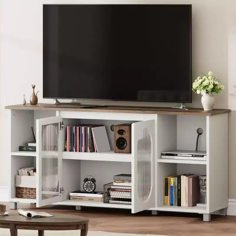 Modern TV Stand for 60/65/70 Inch TV, Media Console Cabinet with 2 Corrugated Glass Cabinet Doors, 4 Open Shelves, Entertainment Center with Storage