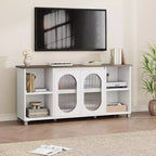 Modern TV Stand for 60/65/70 Inch TV, Media Console Cabinet with 2 Corrugated Glass Cabinet Doors, 4 Open Shelves, Entertainment Center with Storage