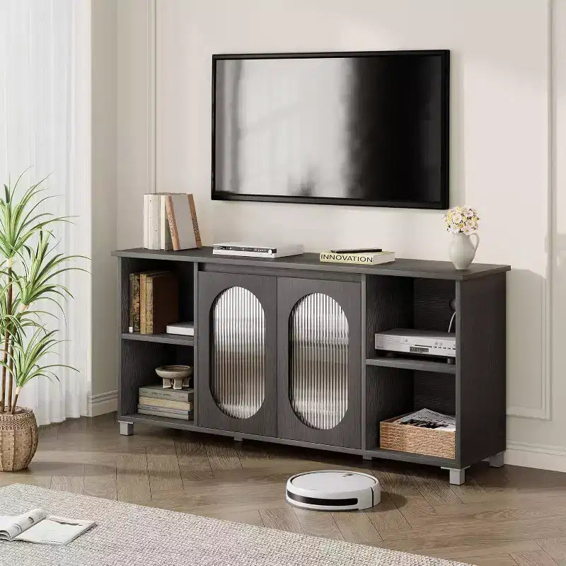 Modern TV Stand for 60/65/70 Inch TV, Media Console Cabinet with 2 Corrugated Glass Cabinet Doors, 4 Open Shelves, Entertainment Center with Storage