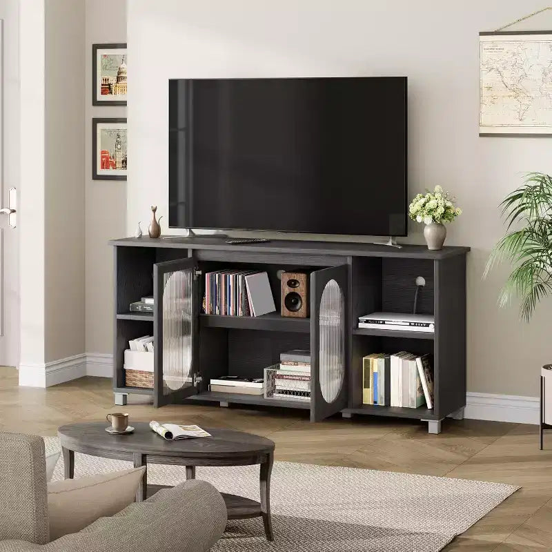 Modern TV Stand for 60/65/70 Inch TV, Media Console Cabinet with 2 Corrugated Glass Cabinet Doors, 4 Open Shelves, Entertainment Center with Storage