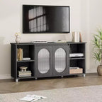 Modern TV Stand for 60/65/70 Inch TV, Media Console Cabinet with 2 Corrugated Glass Cabinet Doors, 4 Open Shelves, Entertainment Center with Storage