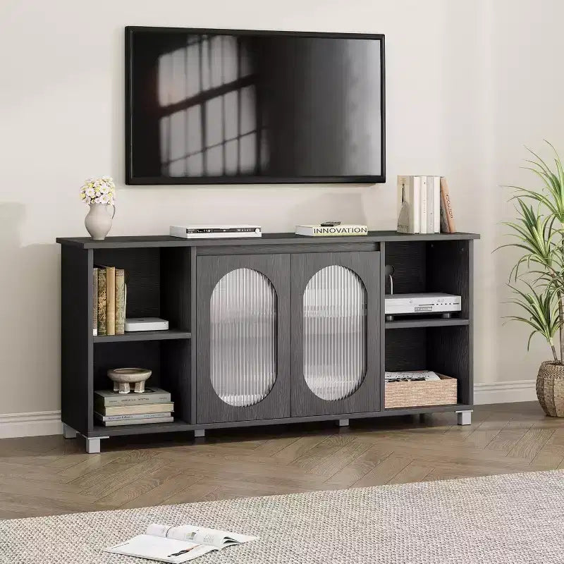 Modern TV Stand for 60/65/70 Inch TV, Media Console Cabinet with 2 Corrugated Glass Cabinet Doors, 4 Open Shelves, Entertainment Center with Storage