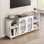Modern TV Stand for 60/65/70 Inch TV, Media Console Cabinet with 2 Corrugated Glass Cabinet Doors, 4 Open Shelves, Entertainment Center with Storage