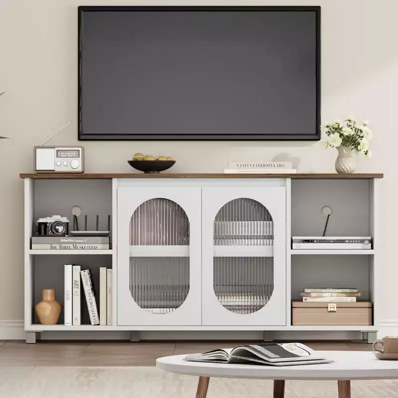 Modern TV Stand for 60/65/70 Inch TV, Media Console Cabinet with 2 Corrugated Glass Cabinet Doors, 4 Open Shelves, Entertainment Center with Storage
