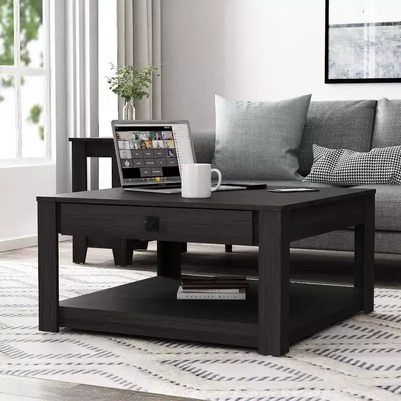 Square Wood Coffee Table with Drawer and Open Shelf - 31.5"W, Gray