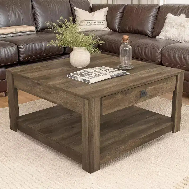 Square Wood Coffee Table with Drawer and Open Shelf - 31.5"W, Gray
