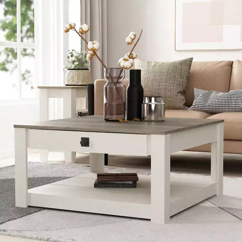 Square Wood Coffee Table with Drawer and Open Shelf - 31.5"W, Gray