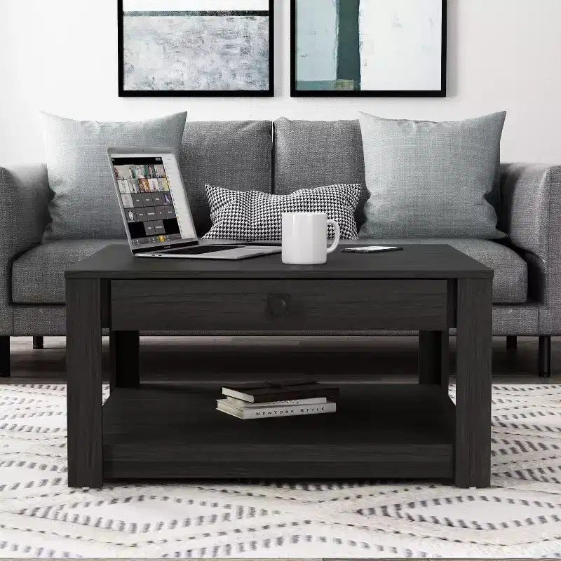 Square Wood Coffee Table with Drawer and Open Shelf - 31.5"W, Gray