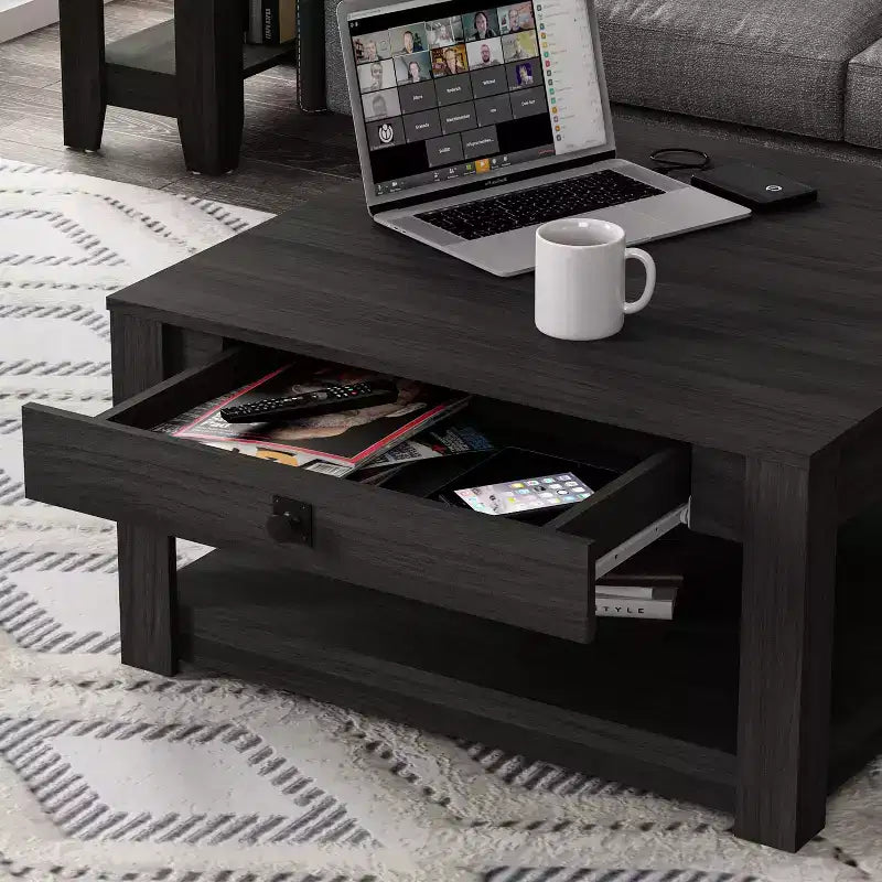 Square Wood Coffee Table with Drawer and Open Shelf - 31.5"W, Gray