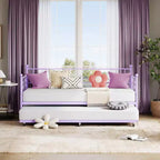 Daybed with Trundle, Trundle Bed Twin with Heart-shaped Headboard for Kids, Sturdy Metal Day Bed with Steel Slat Support, Twin Daybed Purple