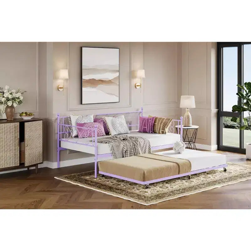 Daybed with Trundle, Trundle Bed Twin with Heart-shaped Headboard for Kids, Sturdy Metal Day Bed with Steel Slat Support, Twin Daybed Purple