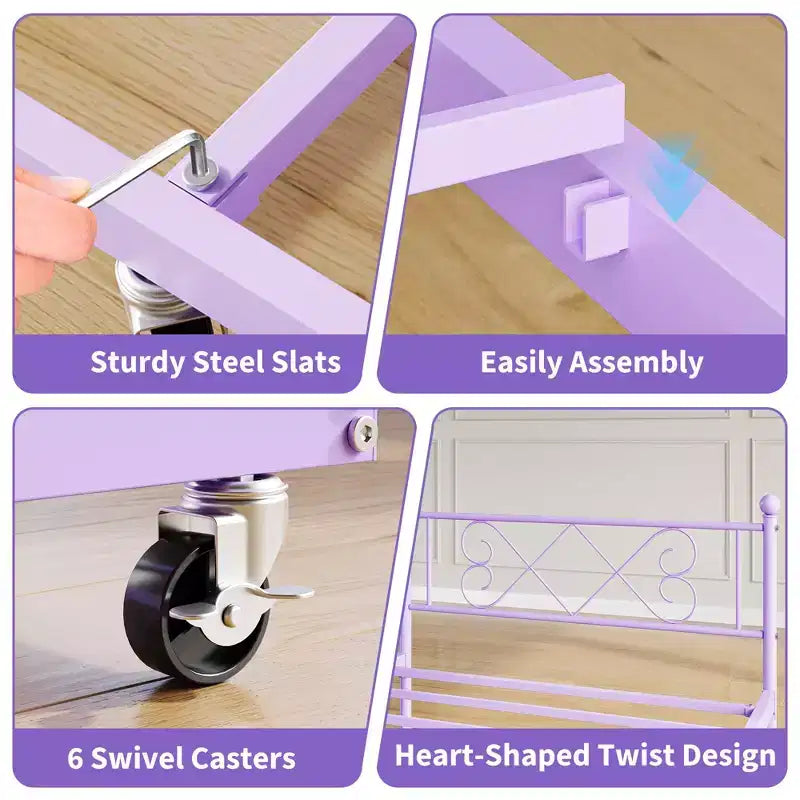Daybed with Trundle, Trundle Bed Twin with Heart-shaped Headboard for Kids, Sturdy Metal Day Bed with Steel Slat Support, Twin Daybed Purple