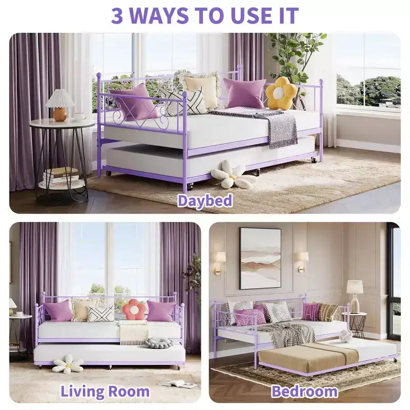 Daybed with Trundle, Trundle Bed Twin with Heart-shaped Headboard for Kids, Sturdy Metal Day Bed with Steel Slat Support, Twin Daybed Purple
