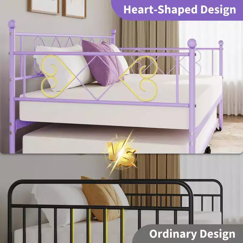 Daybed with Trundle, Trundle Bed Twin with Heart-shaped Headboard for Kids, Sturdy Metal Day Bed with Steel Slat Support, Twin Daybed Purple