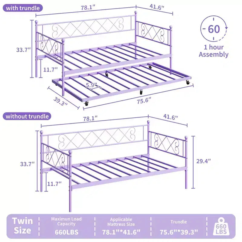 Daybed with Trundle, Trundle Bed Twin with Heart-shaped Headboard for Kids, Sturdy Metal Day Bed with Steel Slat Support, Twin Daybed Purple