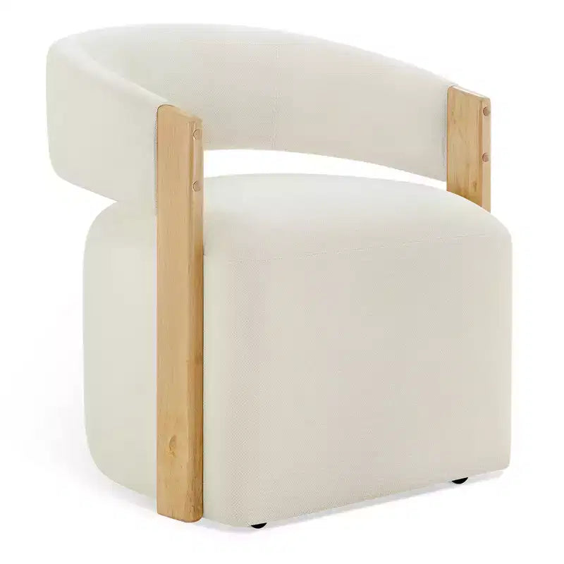 Upholstered Dining Chair with Wood Armrests and Hidden Wheels