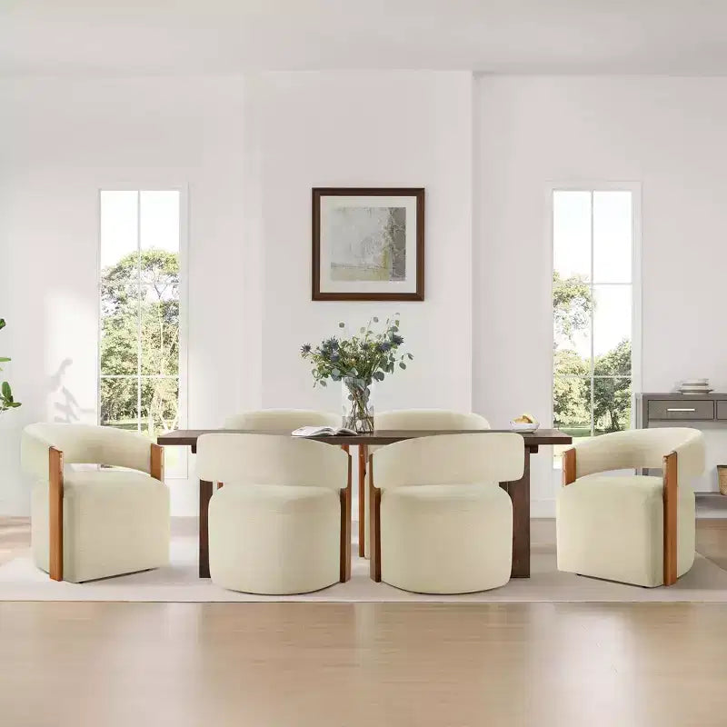 Upholstered Dining Chair with Wood Armrests and Hidden Wheels