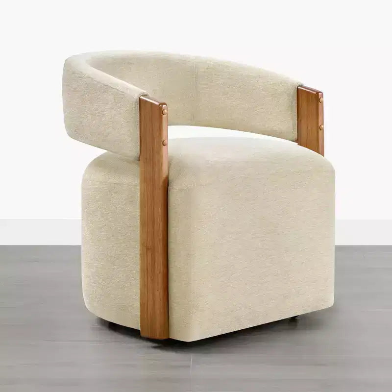Upholstered Dining Chair with Wood Armrests and Hidden Wheels