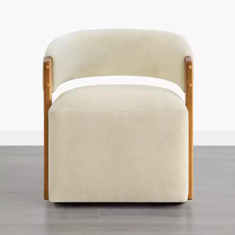 Upholstered Dining Chair with Wood Armrests and Hidden Wheels