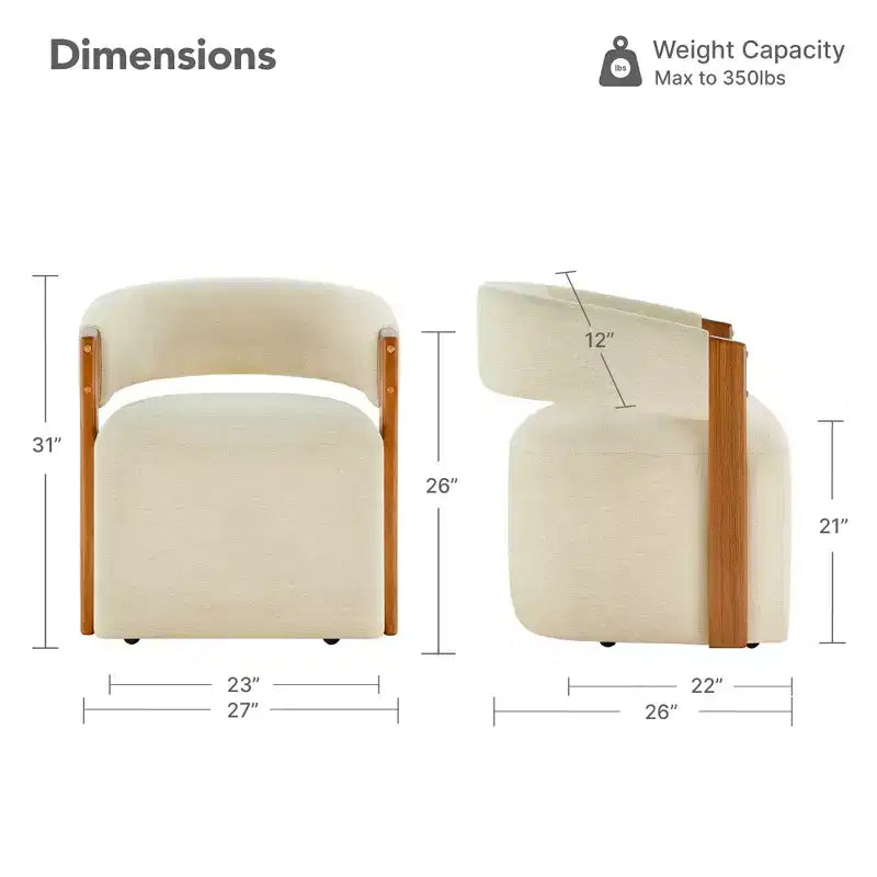 Upholstered Dining Chair with Wood Armrests and Hidden Wheels