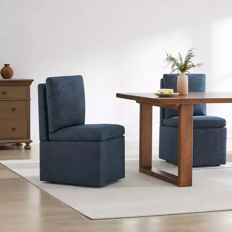 Upholstered Dining Chair with Wood Armrests and Hidden Wheels