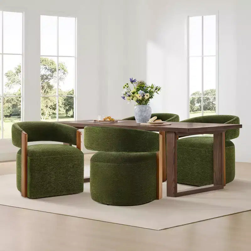 Upholstered Dining Chair with Wood Armrests and Hidden Wheels