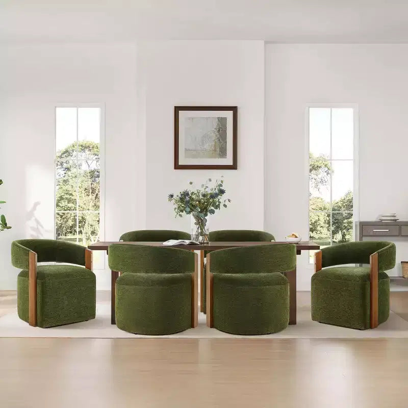 Upholstered Dining Chair with Wood Armrests and Hidden Wheels
