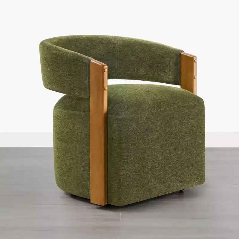 Upholstered Dining Chair with Wood Armrests and Hidden Wheels