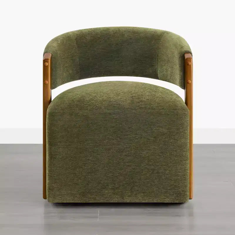 Upholstered Dining Chair with Wood Armrests and Hidden Wheels