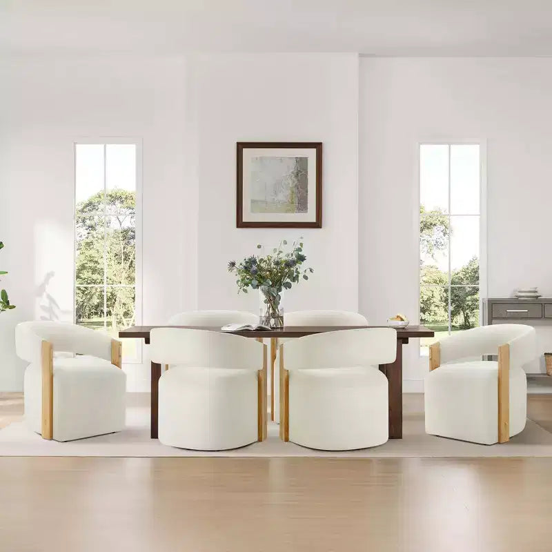 Upholstered Dining Chair with Wood Armrests and Hidden Wheels